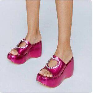 FSJ Hot Pink Metallic Heart-Shaped Cutout Rhinestone Platform Mules